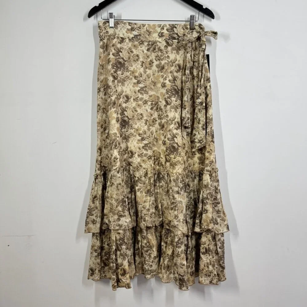 Vtg Camelot Floral Maxi Skirt Beige Brown Size S Ruffle Boho Romantic Style